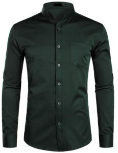zeroyaa men's banded collar slim fit long sleeve casual button down dress shirts with pocket zlcl09 deep forest green large