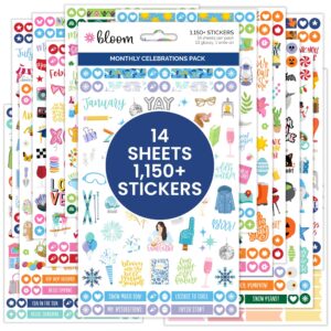 bloom daily planners monthly celebrations planner stickers for calendar decorating, planning, scrapbooking - holiday, seasonal, & general events (14 sheets, 1,100+ stickers per pack)