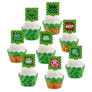 pixel miner cupcake toppers and wrappers for game party block game birthday party printable cake decoration and liners game party supplies 64pcs