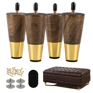 alamhi wood furniture leg sofa legs 4 inch brown round tapered mid-century modern feet with brass base replacement legs for cabinets,coffee table,ottoman,tv stand,loveseat,armchair set of 4