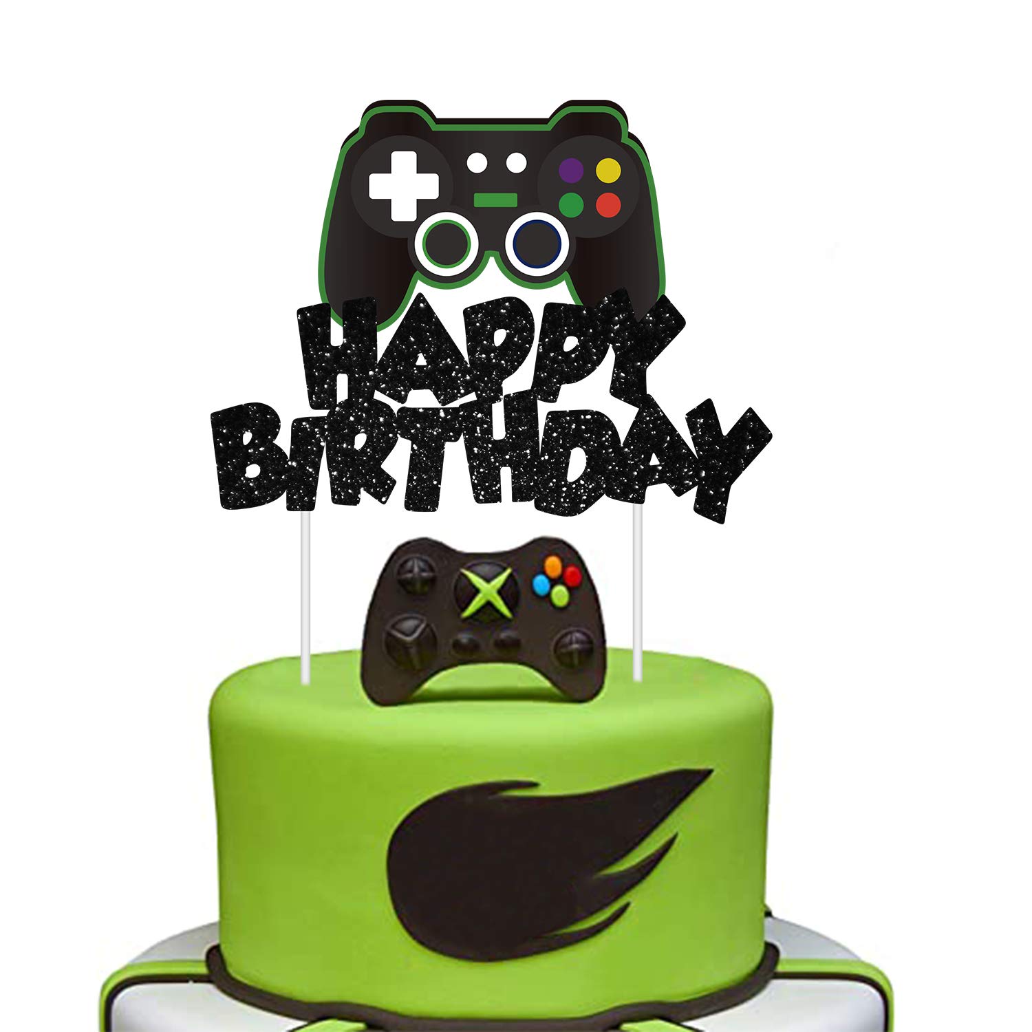 Video Game Cake Topper Glitter Game Controller Happy Birthday Cake Topper Cake Decorations Picks for Kids Gaming Themed Birthday Party Supplies