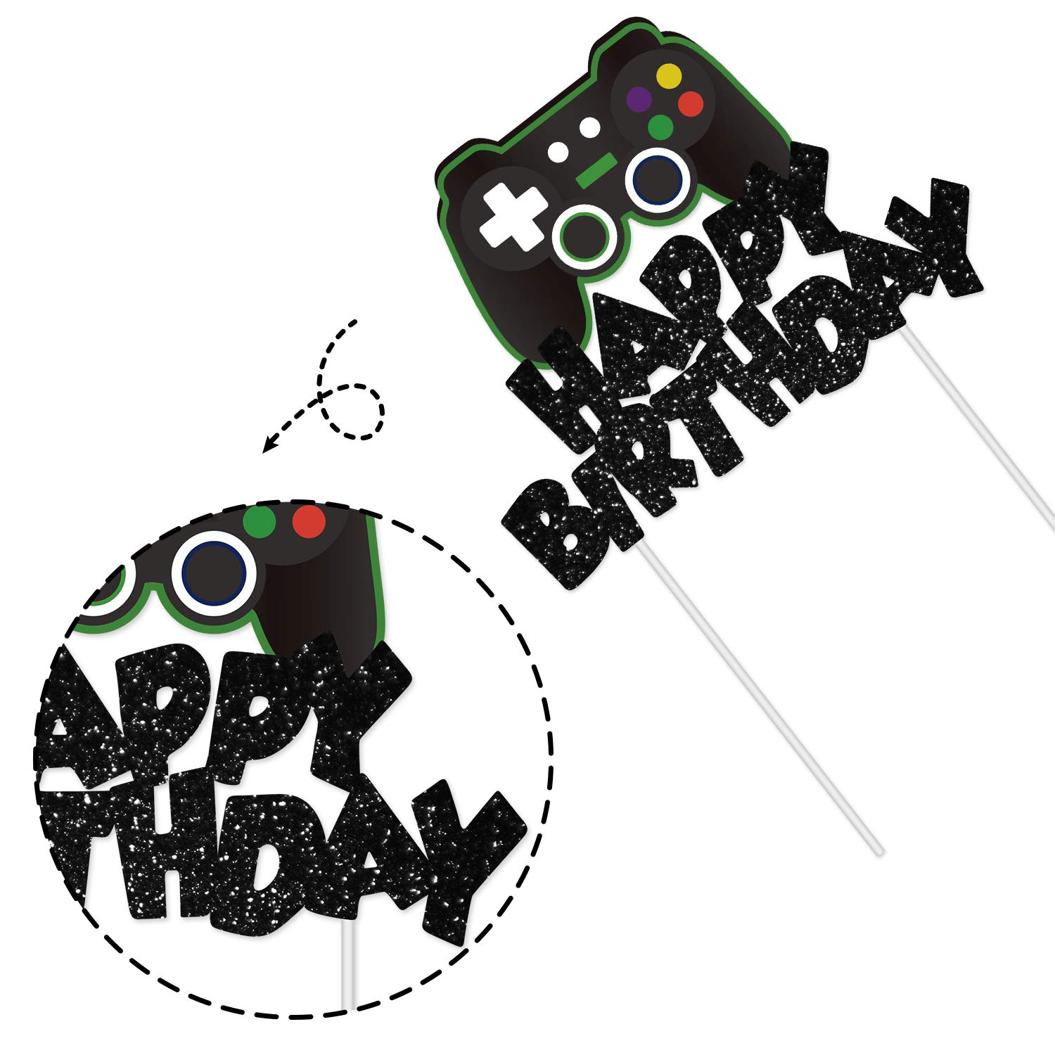 Video Game Cake Topper Glitter Game Controller Happy Birthday Cake Topper Cake Decorations Picks for Kids Gaming Themed Birthday Party Supplies