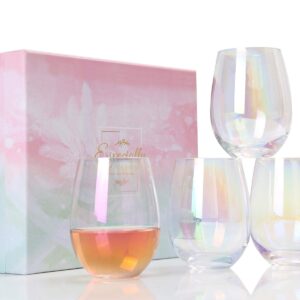 BEEADOYA Wine Glasses - Large Red Wine or White Wine Glass Set of 4 - Wine Gifts for Women, Birthday,Christmas - 17oz Stemless Wine Glass, Iridescent Glass Set of 4