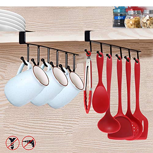 EigPluy 2pcs Mug Hooks Under Cabinet,Nail Free Adhesive Coffee Cups Holder Hanger for Cups/Kitchen Utensils/Ties Belts/Scarf (Black)