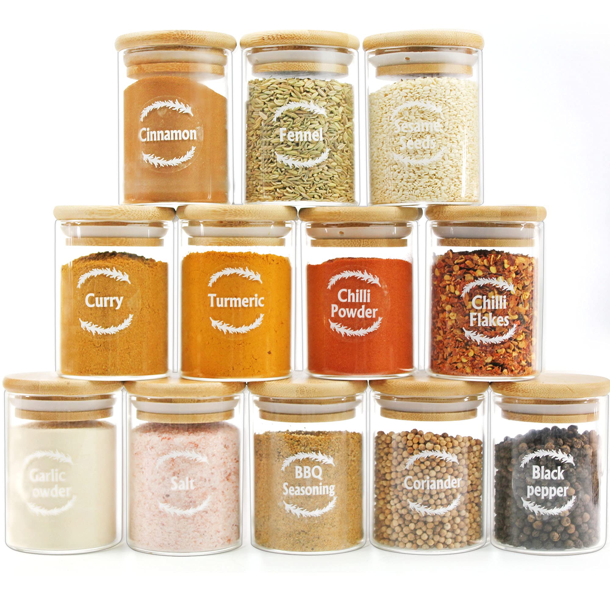 Urban Green Glass Spice Jars with Bamboo Lids - Set of 12 with Labels and Airtight Lids - For Herbs, Spices, and Dry Food Storage