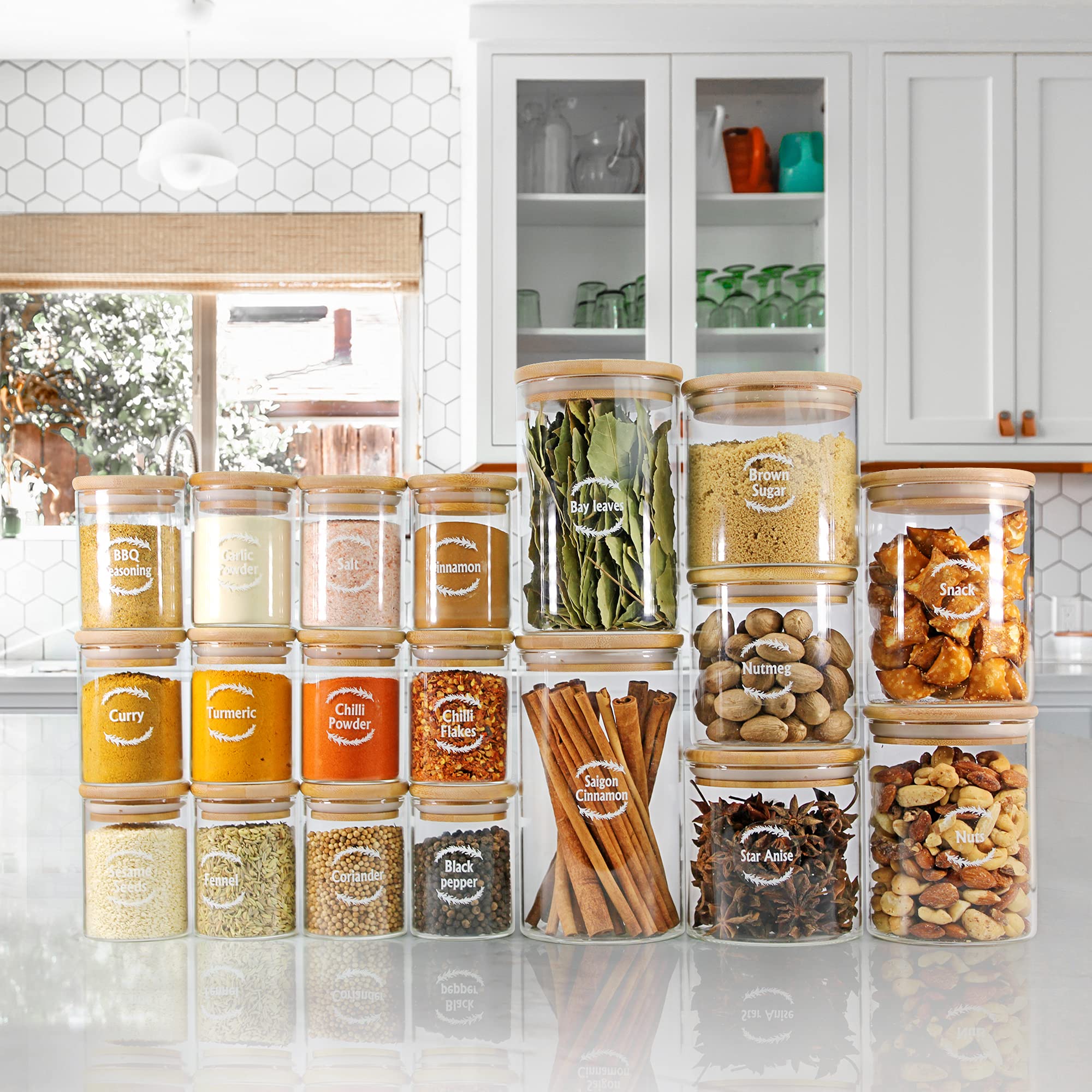 Urban Green Glass Spice Jars with Bamboo Lids - Set of 12 with Labels and Airtight Lids - For Herbs, Spices, and Dry Food Storage