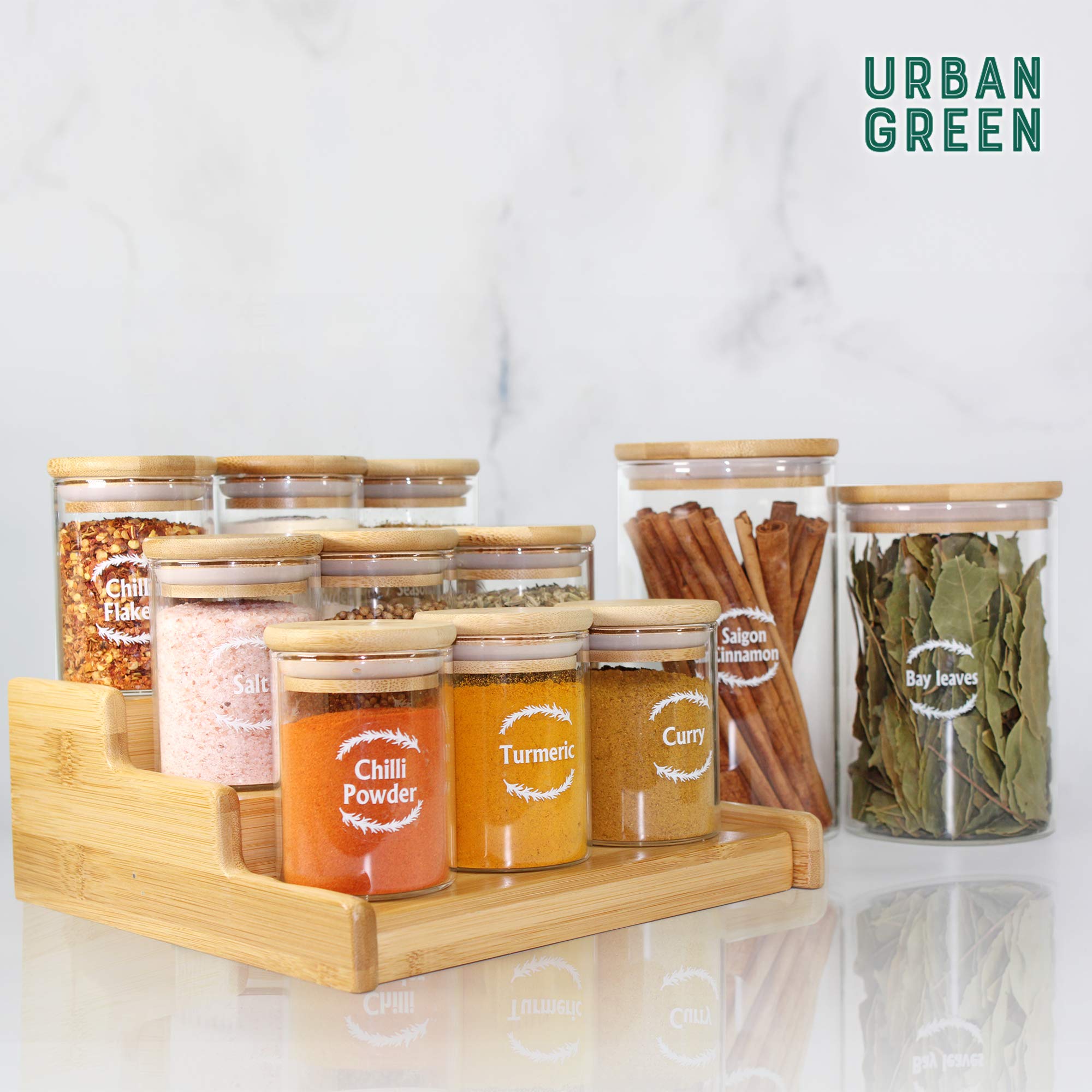 Urban Green Glass Spice Jars with Bamboo Lids - Set of 12 with Labels and Airtight Lids - For Herbs, Spices, and Dry Food Storage