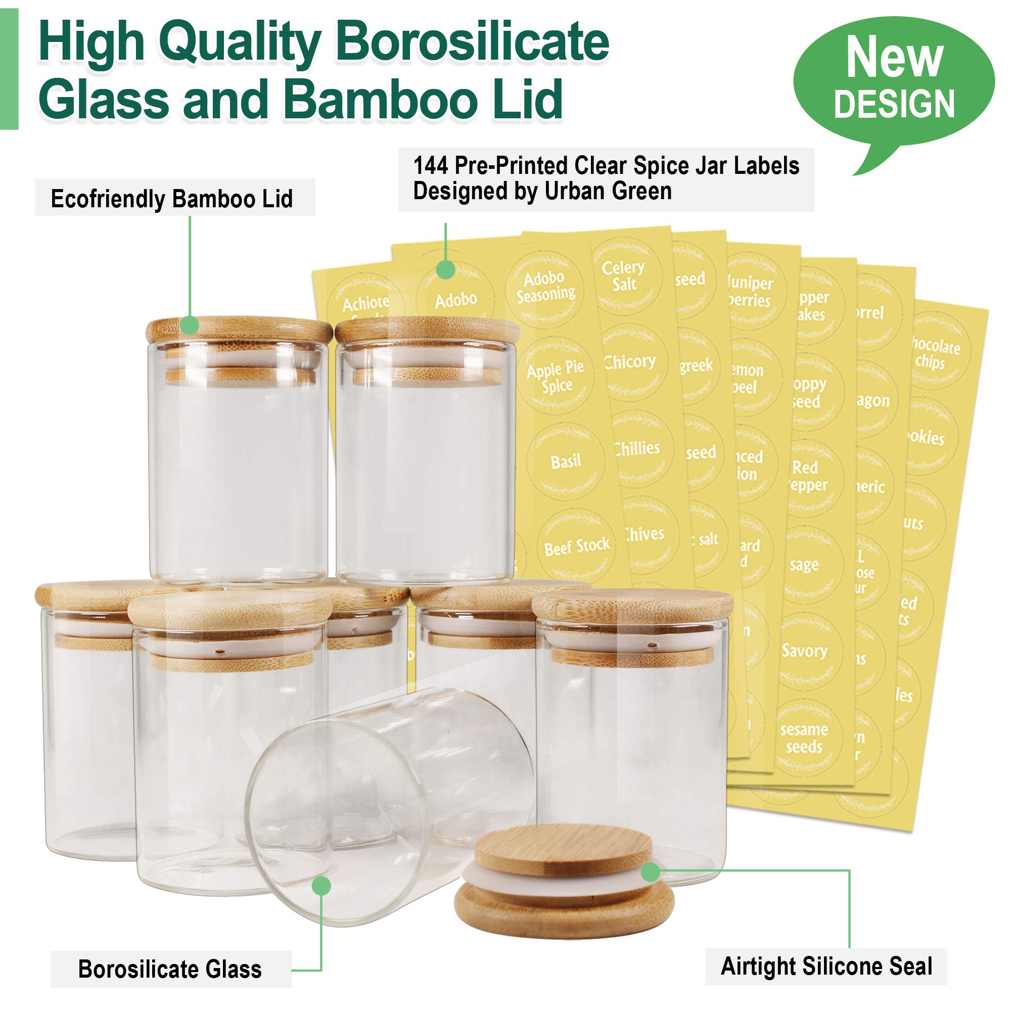 Urban Green Glass Spice Jars with Bamboo Lids - Set of 12 with Labels and Airtight Lids - For Herbs, Spices, and Dry Food Storage