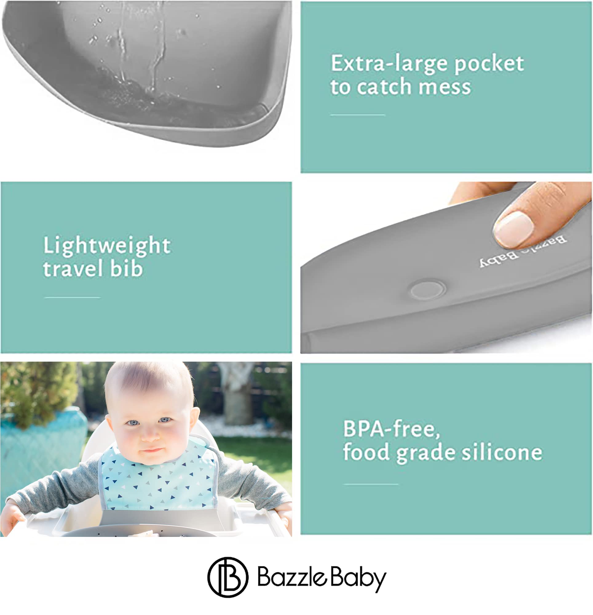 Silicone Bibs for Babies with Food Catcher - Waterproof Roll Up and Button. Quality, Extra Thick Toddler Silicone Bib 2-Pk