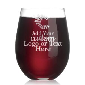 custom 15oz stemless wine glass with your custom logo design or personalized text - permanent laser engraving - wedding favors, corporate gifts, birthdays, parties or events