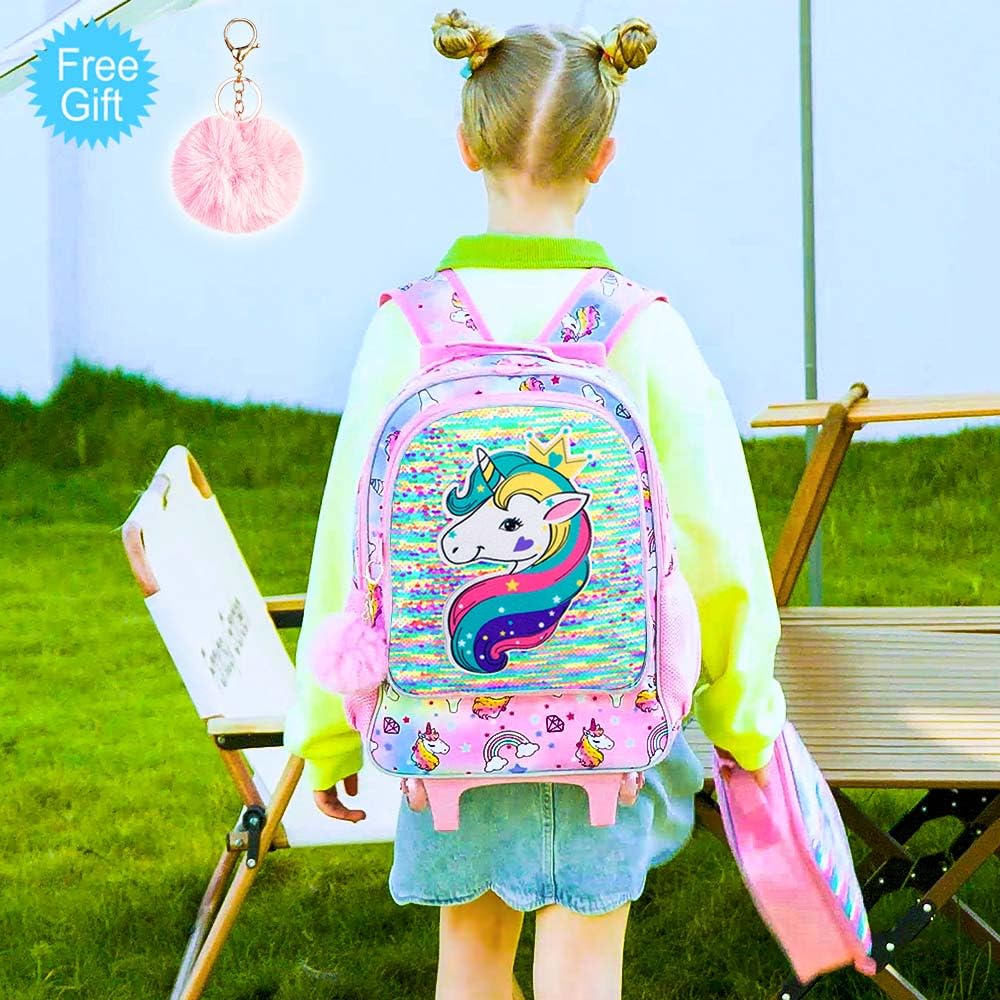 gxtvo Rolling Backpack for Girls, Roller Wheels Kids Bookbag - Wheeled Suitcase Elementary Sequin School Bag - 3PCS Unicorn