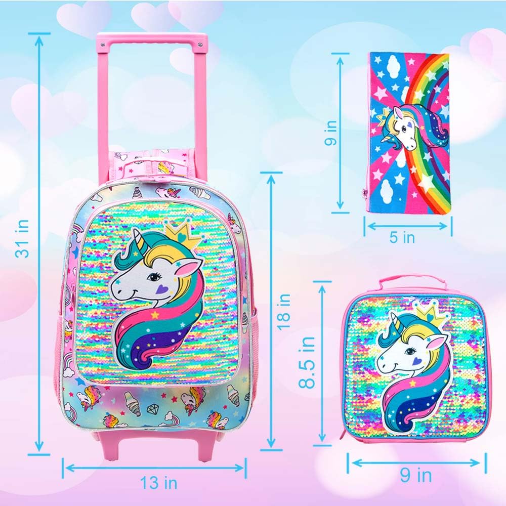 gxtvo Rolling Backpack for Girls, Roller Wheels Kids Bookbag - Wheeled Suitcase Elementary Sequin School Bag - 3PCS Unicorn