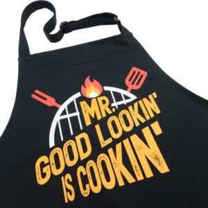 fixgrub mr good lookin is cookin bbq apron, cooking apron, dad apron, funny black kitchen apron with 3 pockets,100% cotton durable
