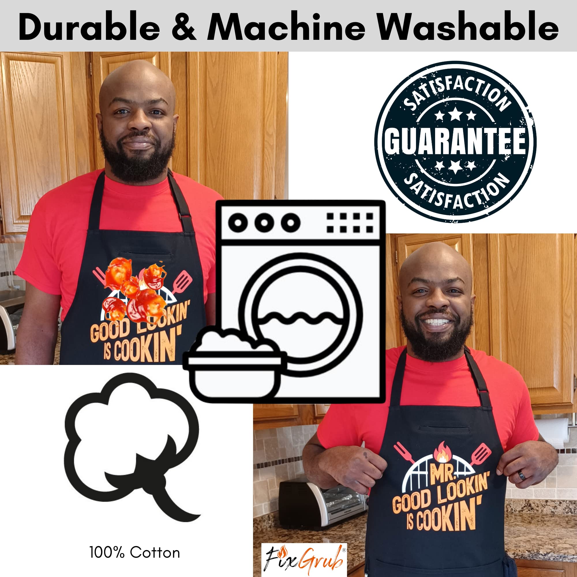 FixGrub Mr Good Lookin is Cookin BBQ Apron, Cooking Apron, Dad Apron, Funny Black Kitchen Apron with 3 Pockets,100% Cotton Durable
