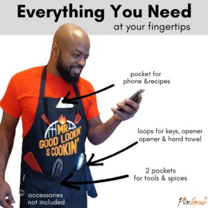 FixGrub Mr Good Lookin is Cookin BBQ Apron, Cooking Apron, Dad Apron, Funny Black Kitchen Apron with 3 Pockets,100% Cotton Durable