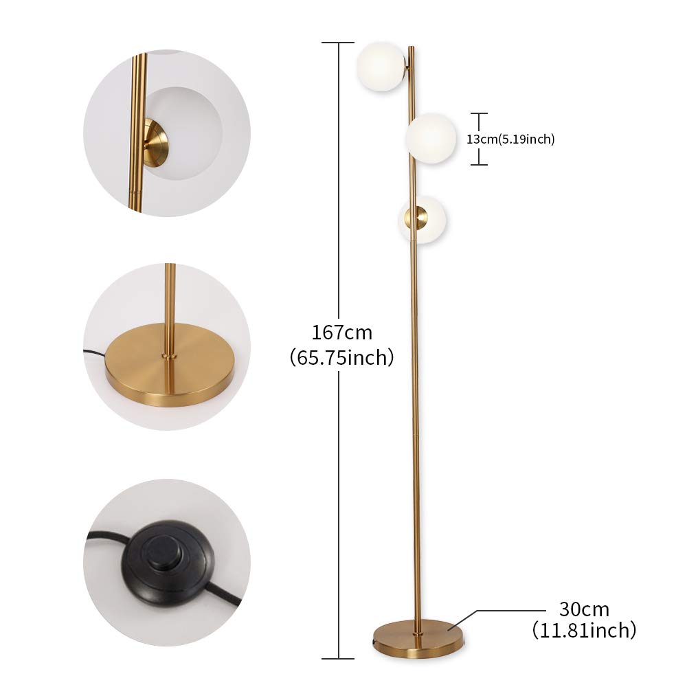 YHTlaeh Floor Lamp Modern 3 Globe for Living Room Bright Lighting LED Standing Light for Bedrooms Offices (Brushed Brass)