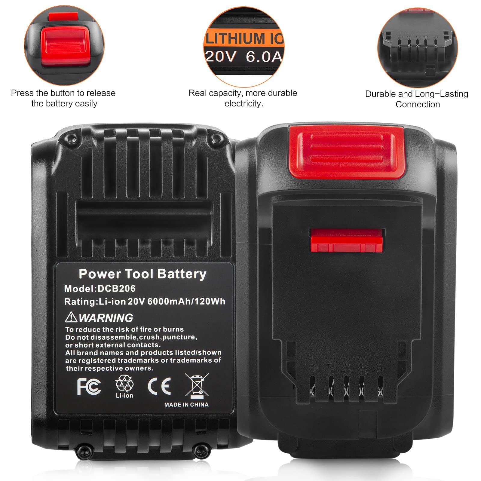 DCB206 20V 6000mAh Lithium Battery Replacement for DeWalt 20V MAX DCB204 DCB200 DCB206 DCB205-2 DCB201 DCB203 DCB181 DCB180 20V DCD/DCF/DCG/DCS Series Cordless Power Tools (2 Packs 6000mAh)