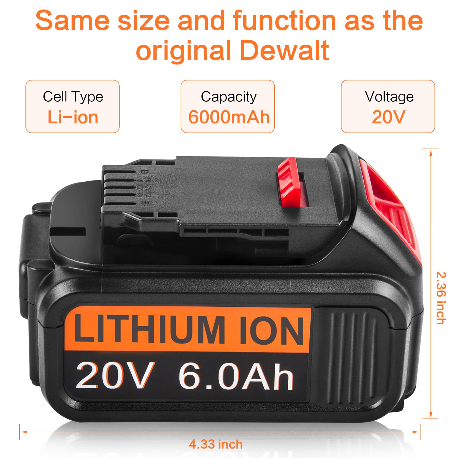 DCB206 20V 6000mAh Lithium Battery Replacement for DeWalt 20V MAX DCB204 DCB200 DCB206 DCB205-2 DCB201 DCB203 DCB181 DCB180 20V DCD/DCF/DCG/DCS Series Cordless Power Tools (2 Packs 6000mAh)