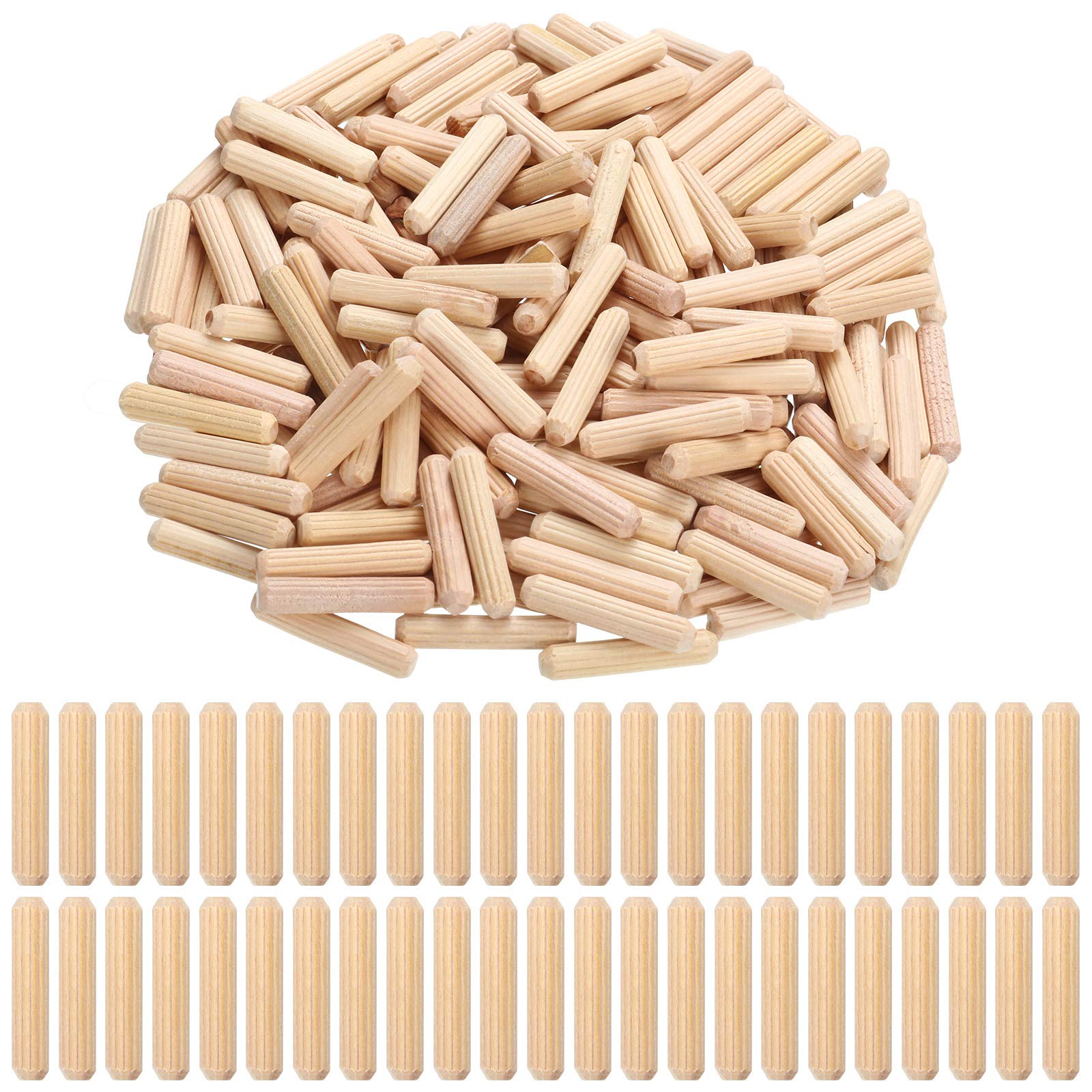 Yookeer 200 Pieces 1/4 x 1.2 Inch Fluted Wood Dowel Pins Wood Kiln Dried Fluted and Beveled Ends Tapered Straight Grooved Pins for Easy Insertion Furniture Door Crafts Projects