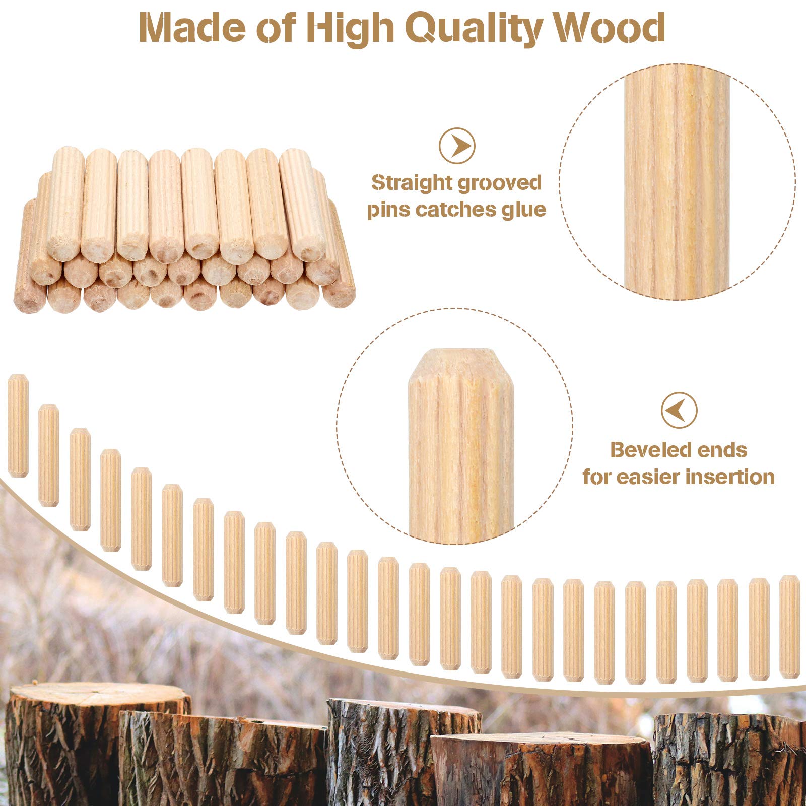 Yookeer 200 Pieces 1/4 x 1.2 Inch Fluted Wood Dowel Pins Wood Kiln Dried Fluted and Beveled Ends Tapered Straight Grooved Pins for Easy Insertion Furniture Door Crafts Projects