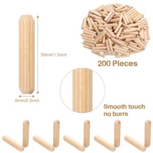 Yookeer 200 Pieces 1/4 x 1.2 Inch Fluted Wood Dowel Pins Wood Kiln Dried Fluted and Beveled Ends Tapered Straight Grooved Pins for Easy Insertion Furniture Door Crafts Projects