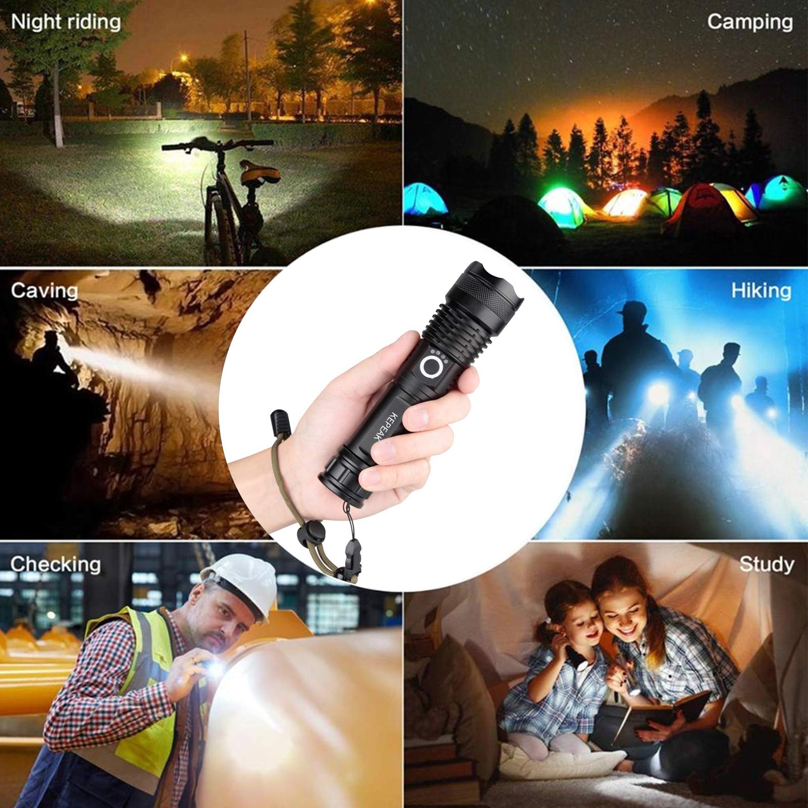 KEPEAK Rechargeable Flashlights High lumens, Super Bright LED Flashlight, Tactical Flashlights 5000 Lumens, Zoomable, 5 Modes, Waterproof, Handheld Flash Light for Camping, Hiking, Emergency