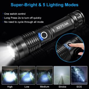 KEPEAK Rechargeable Flashlights High lumens, Super Bright LED Flashlight, Tactical Flashlights 5000 Lumens, Zoomable, 5 Modes, Waterproof, Handheld Flash Light for Camping, Hiking, Emergency