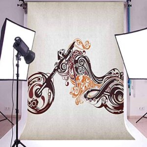 3x5 FT Manly Vinyl Photography Background Backdrops,Motorbike Shape with Curvy Lines Floral Ornamental Design Artwork Background for Graduation Prom Dance Decor Photo Booth Studio Prop Banner