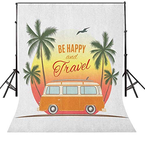 3x5 FT Vinyl Photography Background Backdrops,Retro Surf Van with Palms Camping Relax Hippie Travel Be Happy Free 60s Theme Background for Graduation Prom Dance Decor Photo Booth Studio Prop Banner