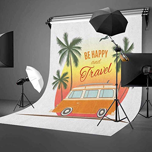 3x5 FT Vinyl Photography Background Backdrops,Retro Surf Van with Palms Camping Relax Hippie Travel Be Happy Free 60s Theme Background for Graduation Prom Dance Decor Photo Booth Studio Prop Banner