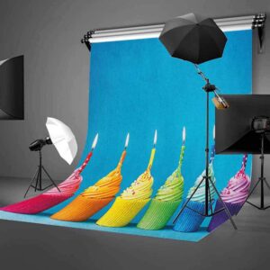 9x16 FT Birthday Vinyl Photography Backdrop,Cupcakes in Rainbow Colors with Candles Fun Homemade Party Food Sweet Delicious Background for Baby Birthday Party Wedding Studio Props Photography