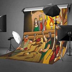 5x7 FT Cartoon Vinyl Photography Backdrop,King and Queen Feasting with Brave Warriors Ancient Scandinavia Medieval Historical Background for Baby Birthday Party Wedding Graduation Home Decoration