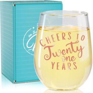 on the rox drinks 21st birthday stemless wine glass gifts for women - cheers to 21 years old wine glass birthday present - rose gold print ideal for women, friend, sister turning twenty one - 17 oz