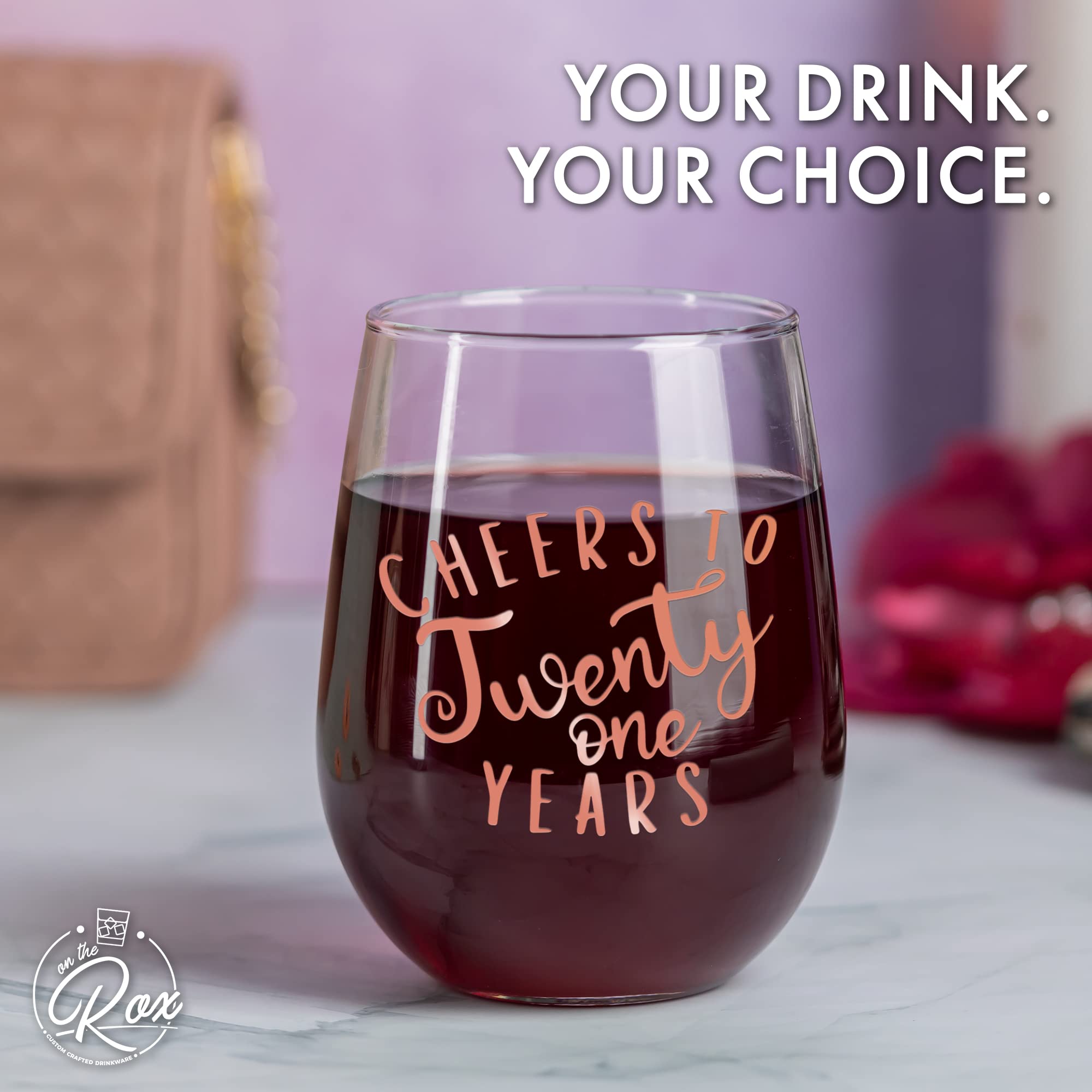 On The Rox Drinks 21st Birthday Stemless Wine Glass Gifts for Women - Cheers to 21 Years Old Wine Glass Birthday Present - Rose Gold Print Ideal for Women, Friend, Sister Turning Twenty One - 17 oz