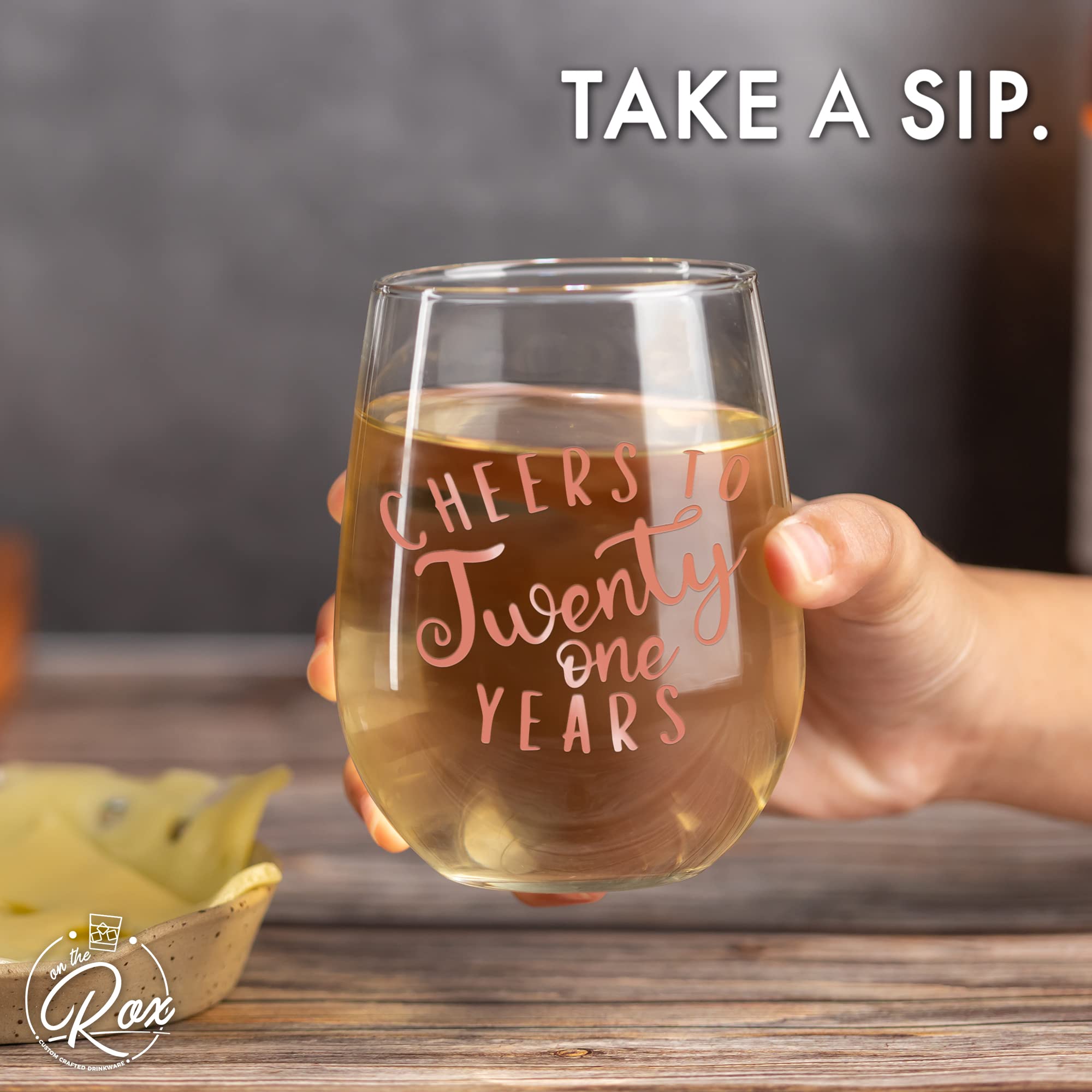 On The Rox Drinks 21st Birthday Stemless Wine Glass Gifts for Women - Cheers to 21 Years Old Wine Glass Birthday Present - Rose Gold Print Ideal for Women, Friend, Sister Turning Twenty One - 17 oz