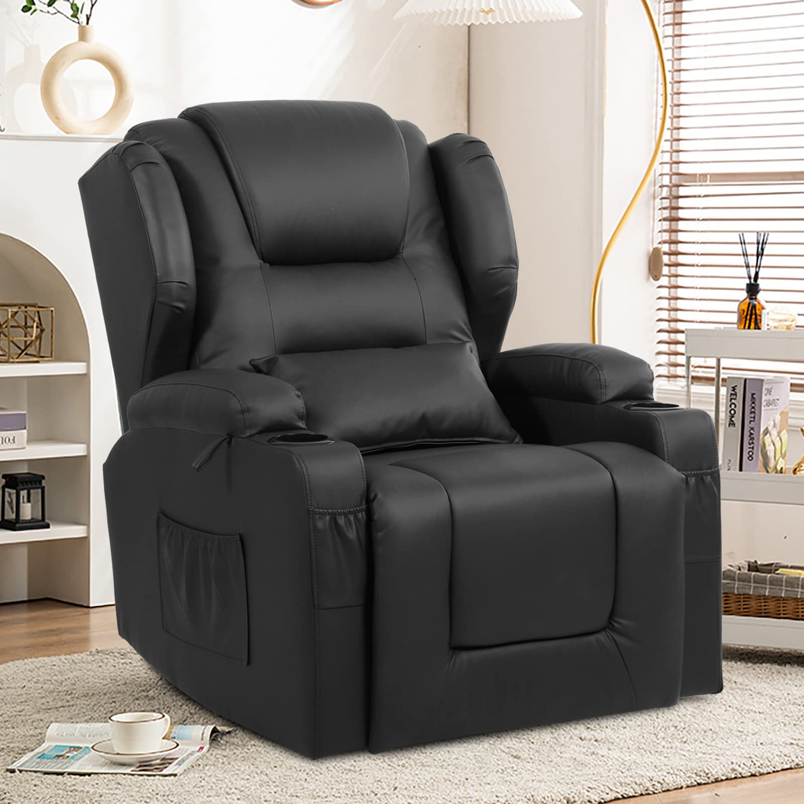 BINGTOO Swivel Rocker Recliner Chairs Rocking Chair Nursery Glider Rocker Manual Recliner Swivel Chairs for Living Room with Side Pockets, Cup Holder and Lumbar Pillow, Faux Leather…