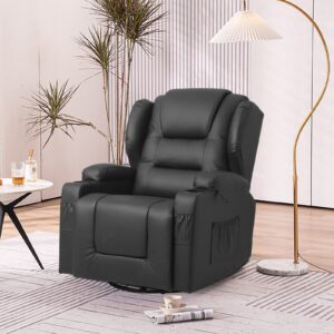 BINGTOO Swivel Rocker Recliner Chairs Rocking Chair Nursery Glider Rocker Manual Recliner Swivel Chairs for Living Room with Side Pockets, Cup Holder and Lumbar Pillow, Faux Leather…