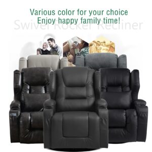 BINGTOO Swivel Rocker Recliner Chairs Rocking Chair Nursery Glider Rocker Manual Recliner Swivel Chairs for Living Room with Side Pockets, Cup Holder and Lumbar Pillow, Faux Leather…