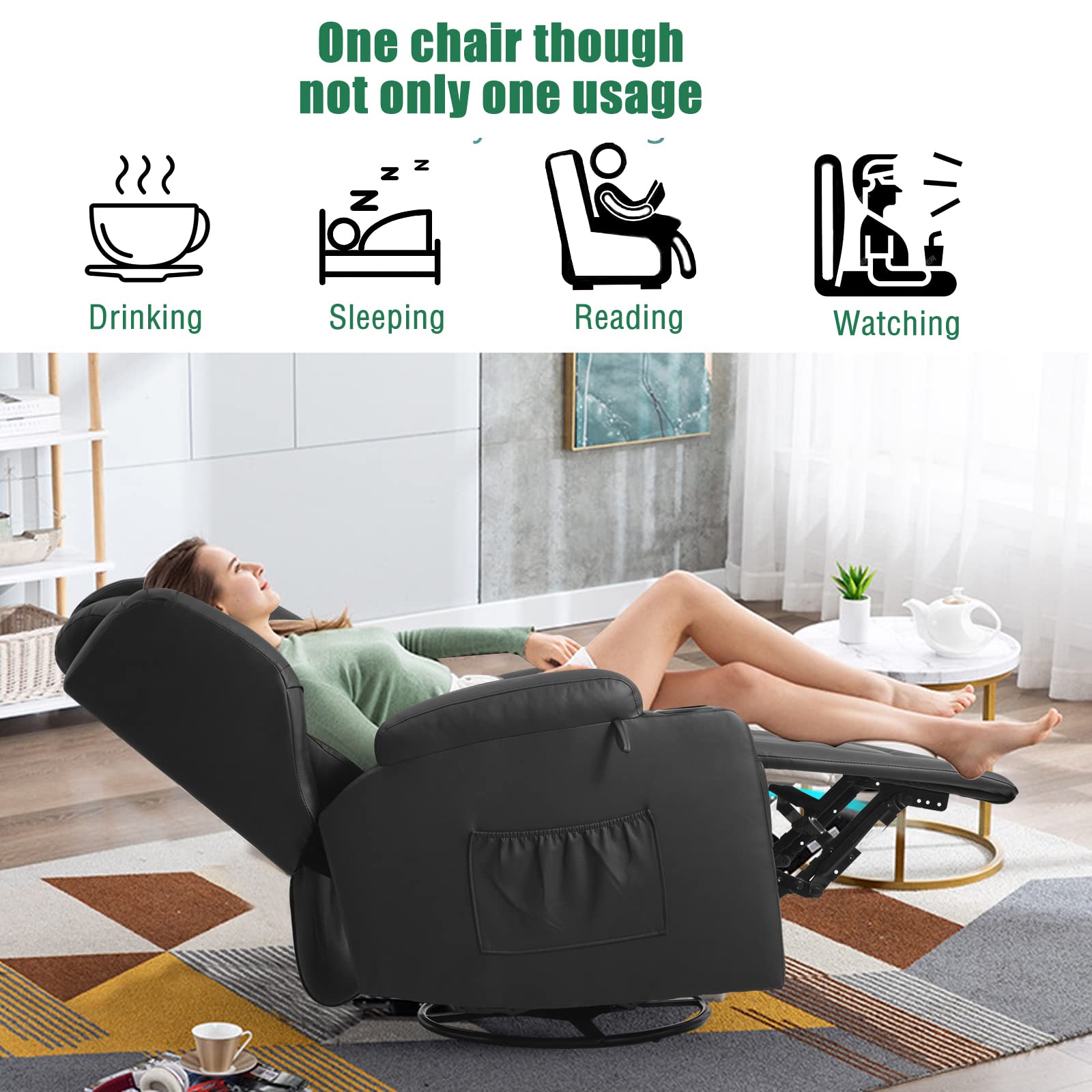 BINGTOO Swivel Rocker Recliner Chairs Rocking Chair Nursery Glider Rocker Manual Recliner Swivel Chairs for Living Room with Side Pockets, Cup Holder and Lumbar Pillow, Faux Leather…