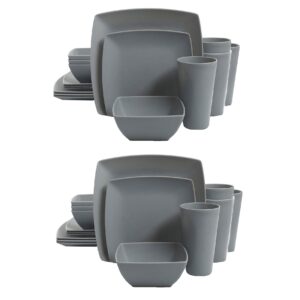 gibson home soho grayson square melamine everyday 16 piece reactive glaze dinnerware set plates, bowls, and cups, dishwasher safe, grey (2 pack)