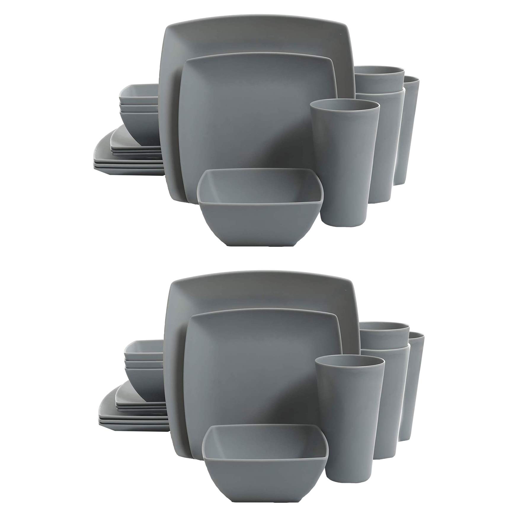 Gibson Home Soho Grayson Square Melamine Everyday 16 Piece Reactive Glaze Dinnerware Set Plates, Bowls, and Cups, Dishwasher Safe, Grey (2 Pack)