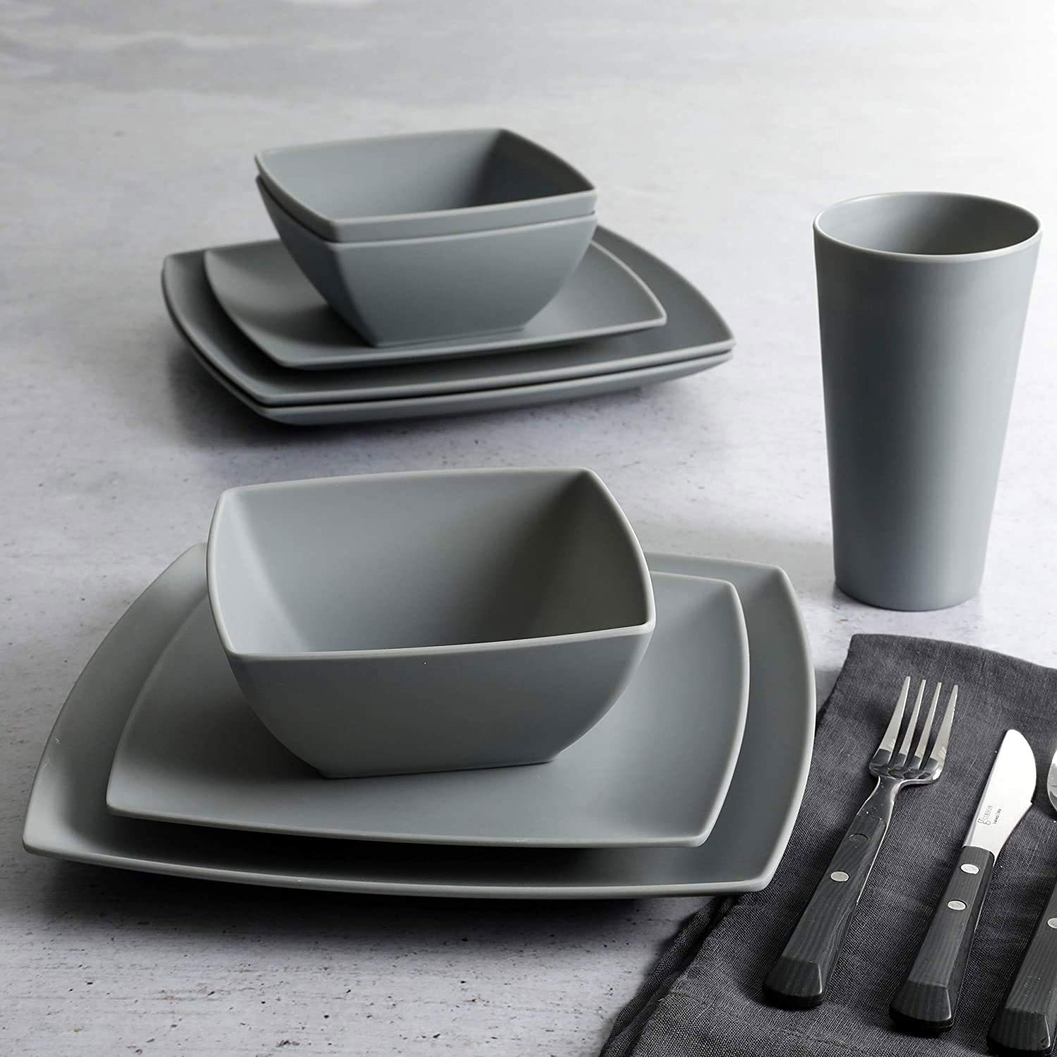 Gibson Home Soho Grayson Square Melamine Everyday 16 Piece Reactive Glaze Dinnerware Set Plates, Bowls, and Cups, Dishwasher Safe, Grey (2 Pack)