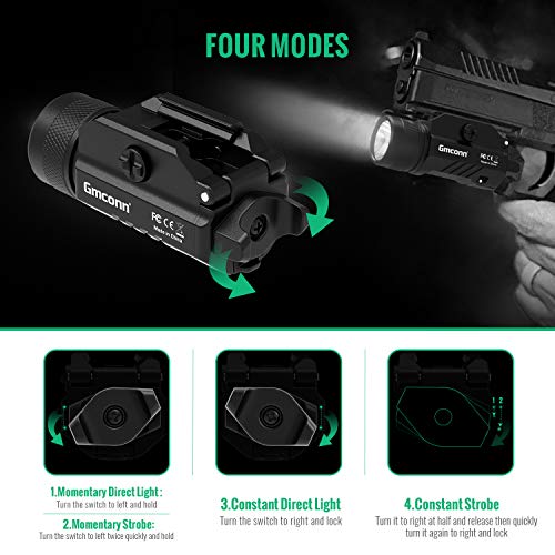 Gmconn 1200 Lumens Rail Mounted Compact Pistol Light LED Strobe Tactical Gun Flashlight with 2 x CR123A Lithium Batteries