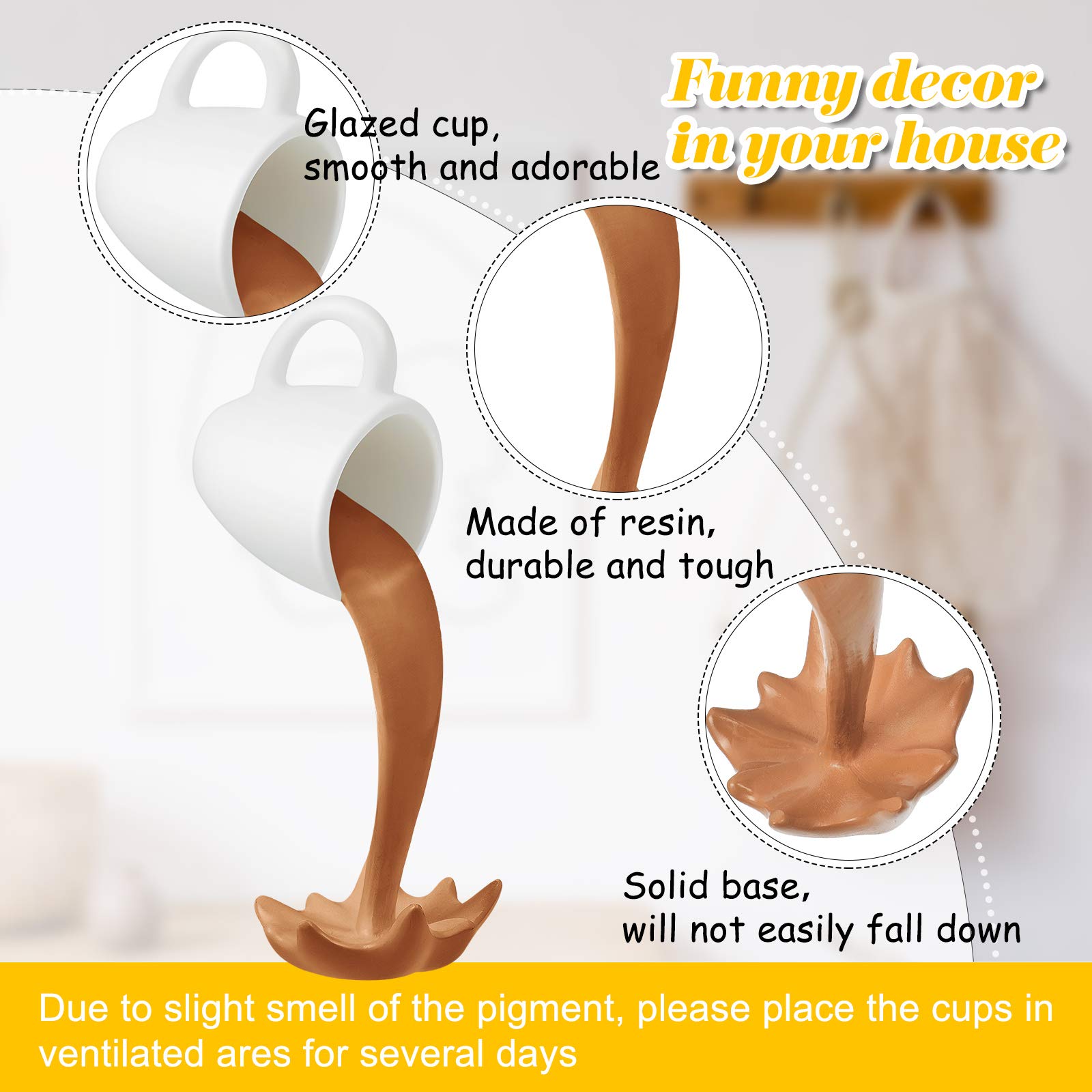 Jetec 2 Pcs Floating Coffee Cup Mug Sculpture Mini Spilling Pouring Coffee Cup Sculpture Accessories Funny Art Decoration for Home Office Kitchen, Present for Coffee Lover