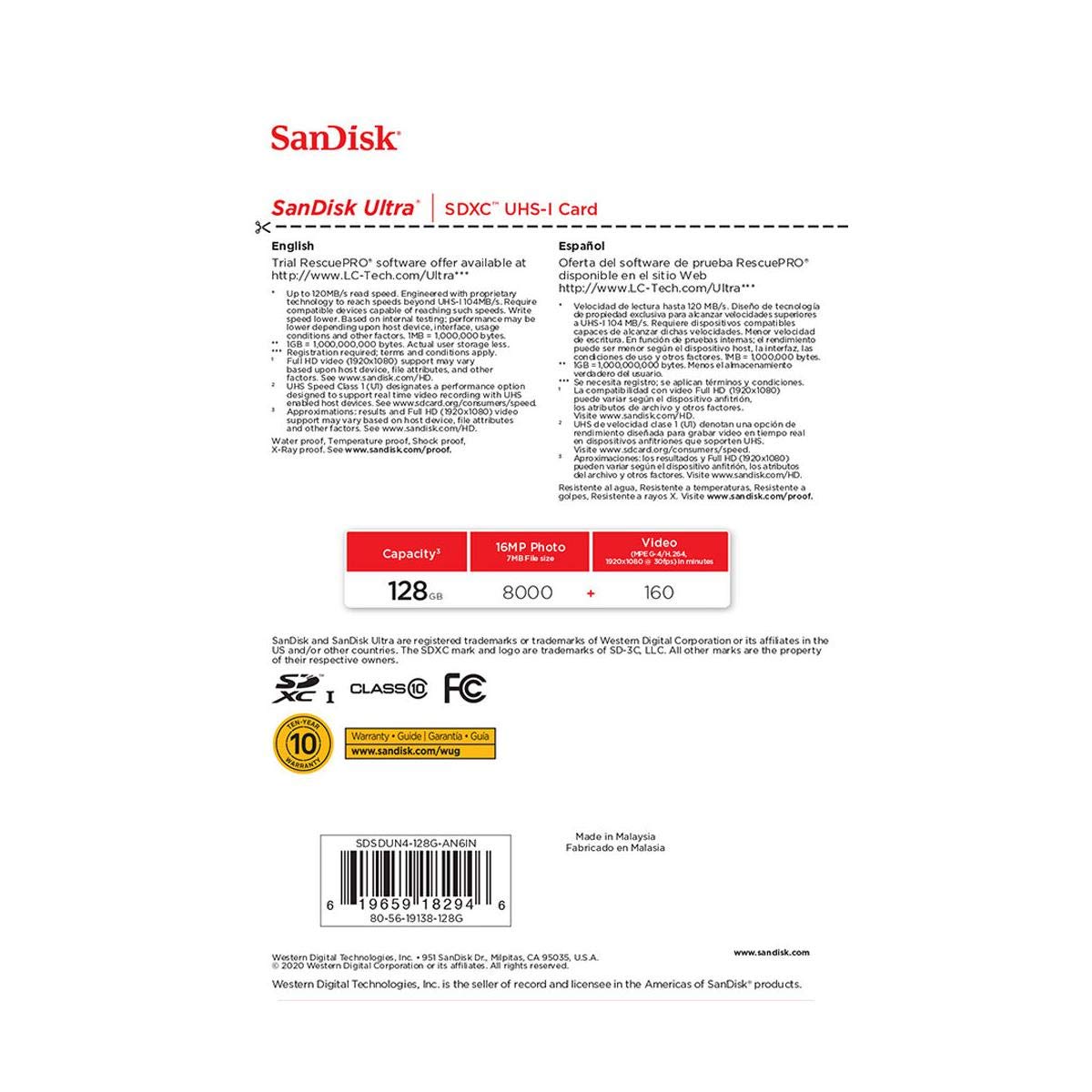 SanDisk 128GB Ultra UHS-I Class 10 U1 SDXC Memory Card, 120MB/s Read, 10MB/s Write