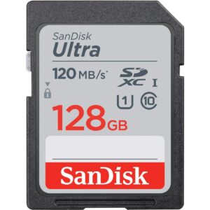 sandisk 128gb ultra uhs-i class 10 u1 sdxc memory card, 120mb/s read, 10mb/s write
