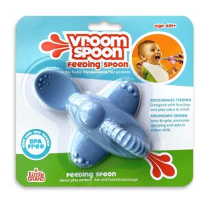 vroom spoon - 100% silicone soft training spoon for spoon feeding, self-feeding and baby led weaning, ergonomic grip with finger slot for easy fun feeding (blue) (1 spoon, blue)