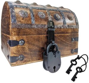sciencepurchase pirate's treasure chest wooden nautical jewelry box with functional lock and 2 keys, wood with iron accents, hinged lid, 8 inches long