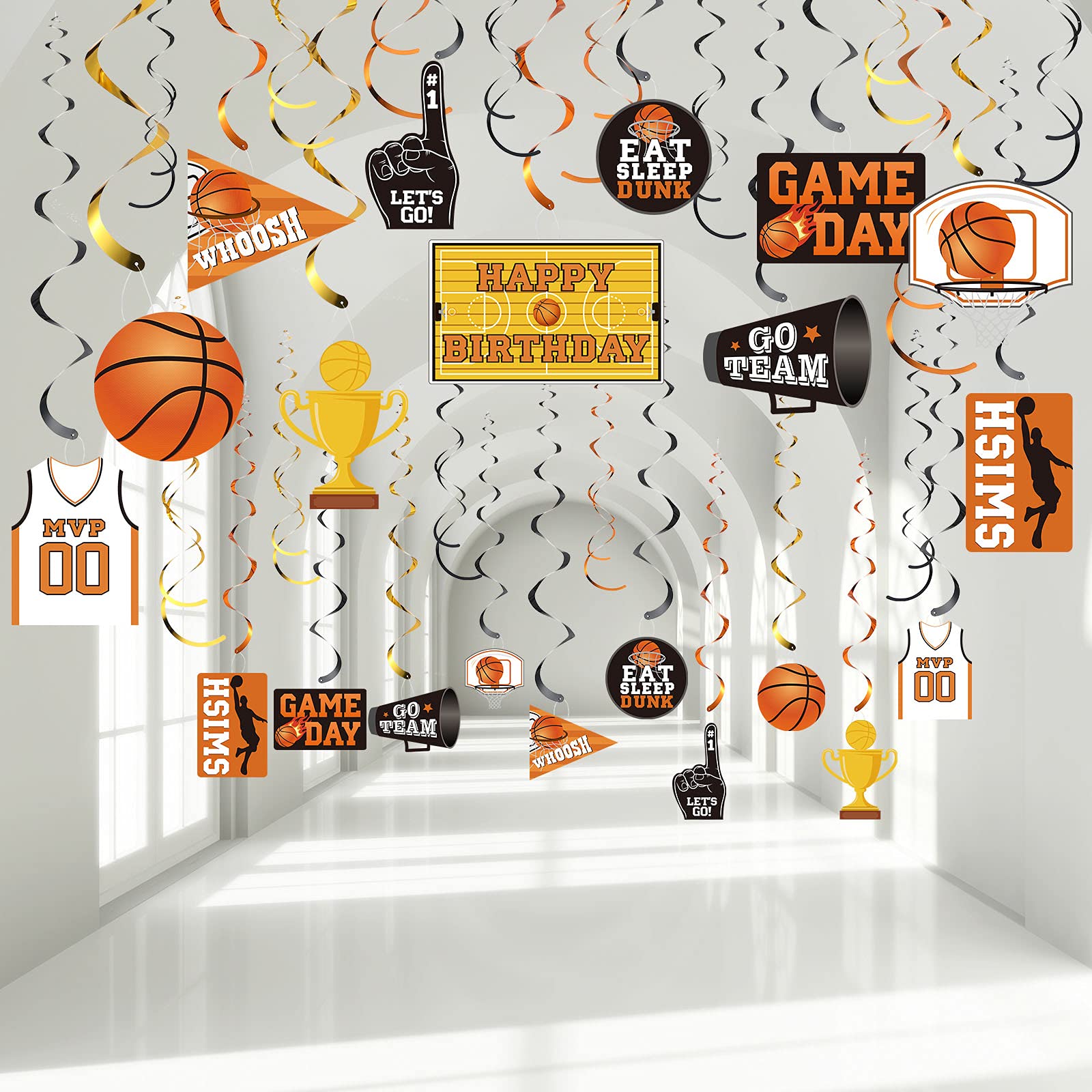 30 Pieces Basketball Party Hanging Swirls Decorations, Sports Theme Party Cutouts Hanging Foil Swirls Decorations for Teenagers Favor Birthday Party Supplies