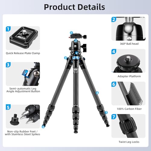 SIRUI 50″ Carbon Fiber Travel Tripod with 360° Ballhead B-00K, Lightweight Compact Professional Tripod for Cameras, 5 Sections, Quick Release Plate, Weight 2lbs, Loads 13.2lbs/6kg